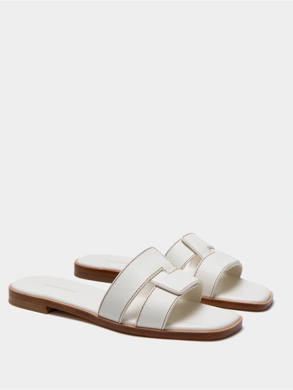 Tuckernuck White Leather Slide Sandals with Tan Sole Edge